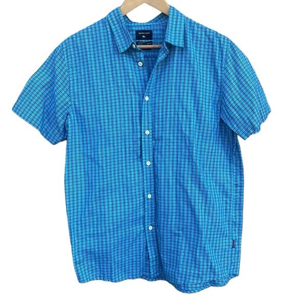 Quiksilver blue plaid button front short sleeve shirt size medium - Picture 1 of 9